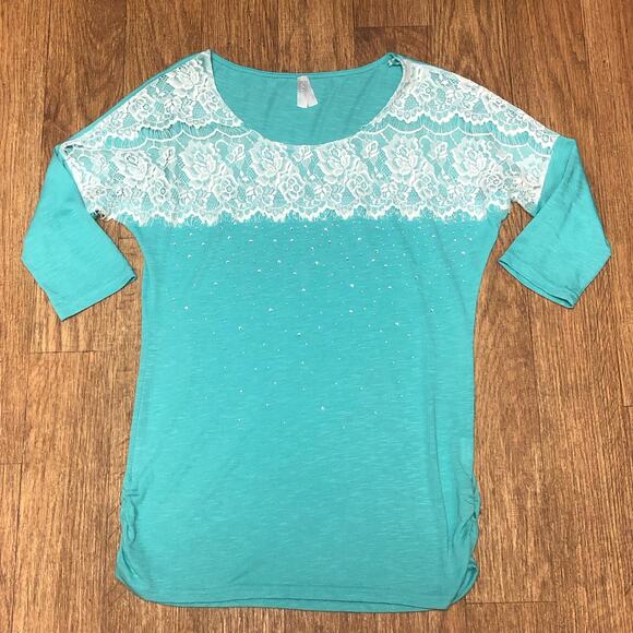Vanity Green White Floral Sheer Lace Rhinestones Blouse Size Small - Picture 1 of 11